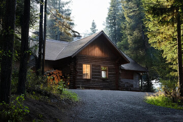 Image of a log house in a forest