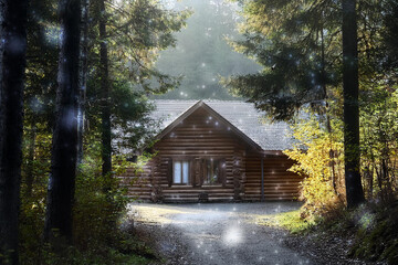 Image of a log house in a forest