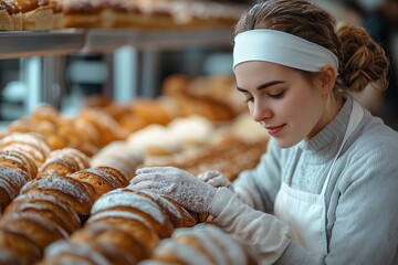 A baker decorating cakes in a bakery kitchen with shelves of freshly baked bread behind them 