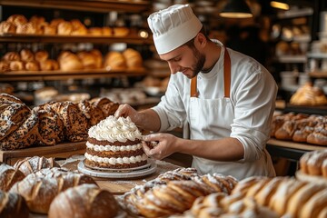 A baker decorating cakes in a bakery kitchen with shelves of freshly baked bread behind them 
