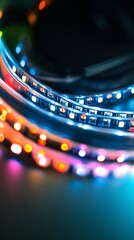 LED strip lights on a black background with purple and blue lighting. The LED strips have white lighting with pink, orange, and green LED diodes. 