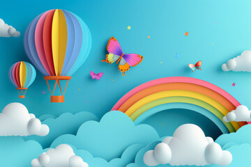 Beautiful fluffy clouds on blue sky background with summer sun