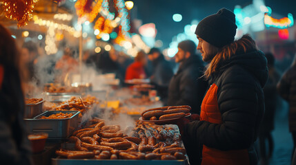 Fototapeta premium Sausage Festival, a row of stalls with various steaming grilled sausages served with various sauces, Ai generated images