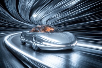 futuristic car design in motion, sleek electric vehicle speeding through a dynamic tunnel, illuminated by swirling lights showcasing modern aesthetics and advanced technology, urban skyline background