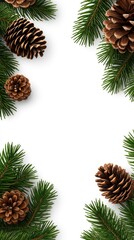 A seasonal arrangement featuring pine cones and Christmas decorations on a clean white backdrop, perfect for adding festive text