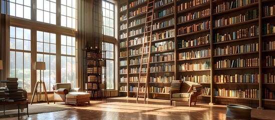 Cozy Library Interior with Wooden Bookshelves