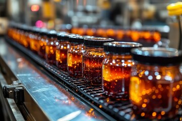 Glass Jars Filled with a Golden Liquid on a Conveyor Belt in a Factory Setting