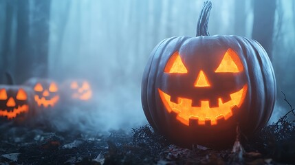 Naklejka premium Spooky halloween pumpkin with glowing face in a misty forest setting for an enchanting autumn celebration