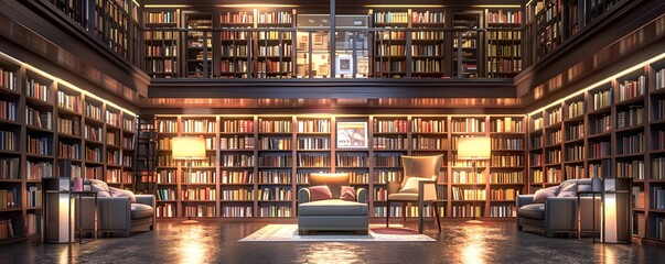 Cozy Library Interior with Wooden Bookshelves