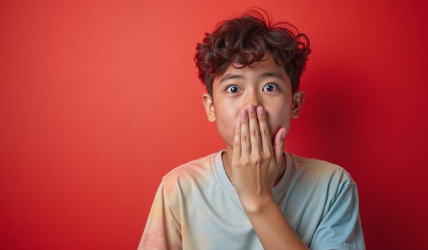 Young boy with surprised expression covering mouth against red background with copy space