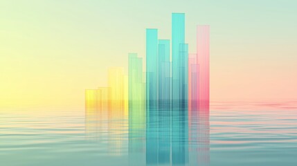 Sleek and modern abstract background with a minimalist cityscape made of glass, featuring vertical bar charts rising against a gradient blue sky