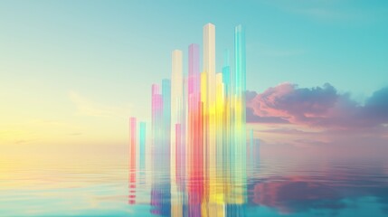 Sleek and modern abstract background with a minimalist cityscape made of glass, featuring vertical bar charts rising against a gradient blue sky