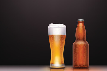 beer glass and bottle on dark back