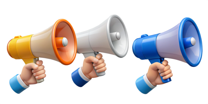 Collection of 3D cartoon-style icons featuring a hand holding a vibrating megaphone, isolated on a transparent background, with vibrant colors and playful design.