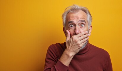 Senior man with shocked expression covering mouth against bright yellow background with copy space