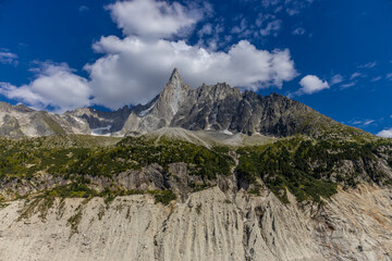 Chamonix rocky granite mountain peaks in french Alps around Mont Blanc summit in Chamonix valley....