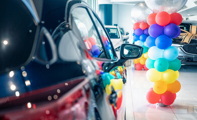 Car parked in luxury showroom. Car dealership office. Car showroom business. New car parked in...