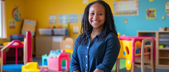 Smiling woman in a colorful classroom with play equipment in the background.