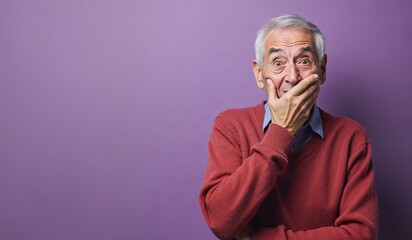 Senior man with shocked expression covering mouth against purple background with copy space