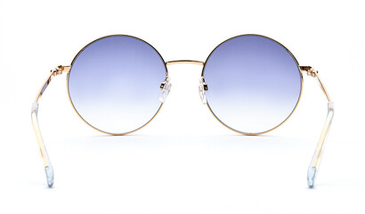 Sunglasses back view isolated on white background. Metal gold eye glasses round frame with blue uv lens against sunlight on vacation. Glasses circle shape rear view vintage and retro style for design