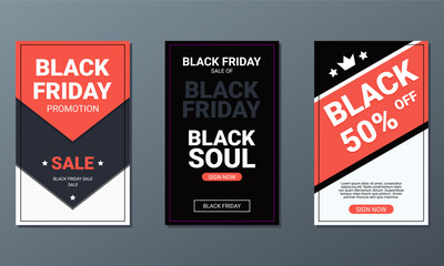 Three Black Friday sale posters with bold red and black designs, highlighting promotions and a 50% discount offer. 