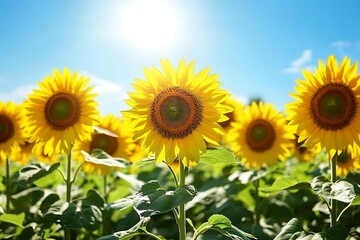 Fototapeta premium Sunflowers basking in sunlight under a clear blue sky.