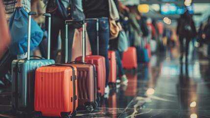 Obraz premium many people waiting in long queues at the airport before boarding a plane - traveling concept