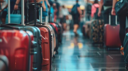 many people waiting in long queues at the airport before boarding a plane - traveling concept