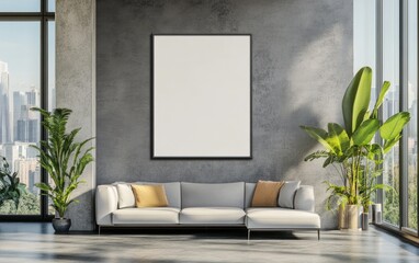 Fototapeta premium Living room with large windows, modern sofa, and blank framed poster on the wall. Interior design with city view.