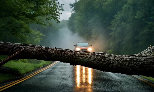 Fallen tree blocking the road.