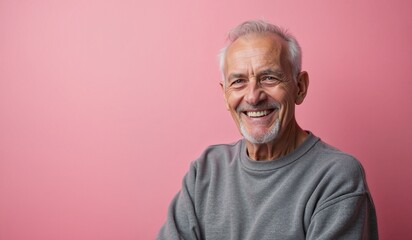 Obraz premium Cheerful Senior Man Smiling Joyfully Against Pink Background with Copy Space