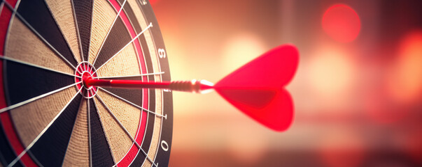 Dart with heart-shaped tip strikes the bullseye on a target during a cozy game night at a local hangout