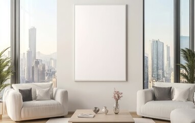 Contemporary living room with white armchairs, large windows, and blank framed poster. City skyline view.