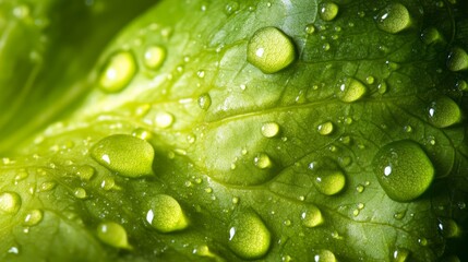 Fototapeta premium Close-up of water droplets on a green leaf, with a soft focus background, showing the beauty of nature.