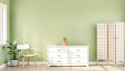 Obraz premium White chest of drawers with houseplant, chair and folding screen near green wall in room isolated with white highlights, png
