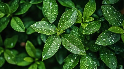 Close-up shot of lush green leaves with water droplets.
