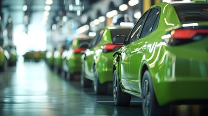A fleet of electric taxis lined up at a charging station, promoting green transport options