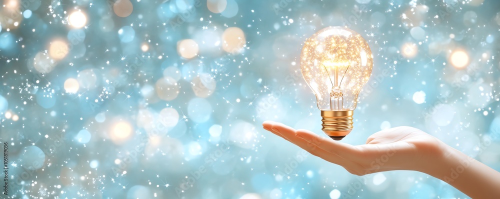 Poster contemporary design of a hand presenting a glowing lightbulb with a backdrop of sparkling bokeh ligh