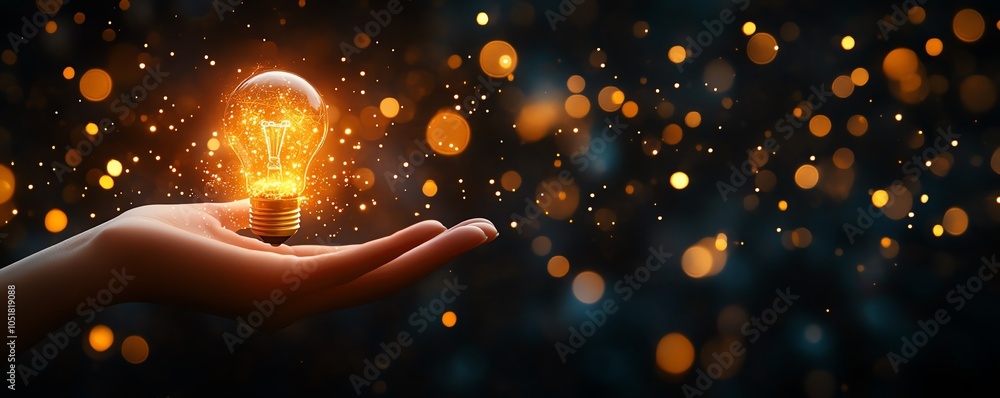 Poster contemporary design of a hand presenting a glowing lightbulb with a backdrop of sparkling bokeh ligh