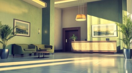 Fototapeta premium A modern reception area in a hotel lobby, showcasing olive green decor, stylish furniture, and a welcoming atmosphere. Open space at the bottom for promotional text.