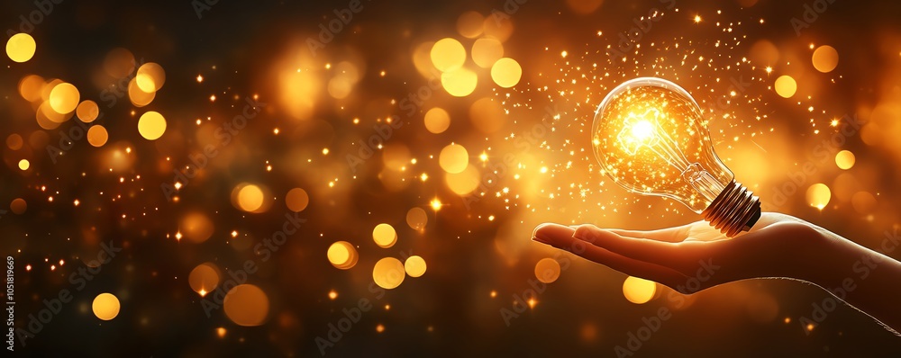Poster dynamic composition featuring a hand holding a shining lightbulb, with enchanting bokeh lights in th