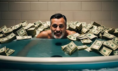 Man bathing in money. - Powered by Adobe