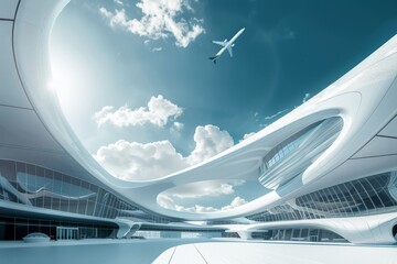 A futuristic airport terminal with sleek, curving architecture and reflective surfaces is shown. An airplane is flying overhead against a backdrop of a bright blue sky with scattered clouds