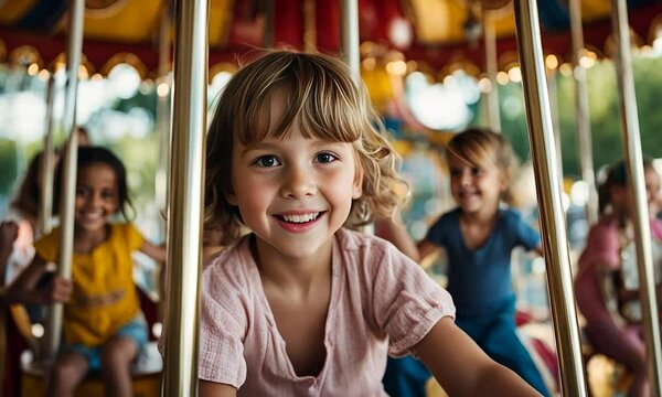 Happy child on a merry-go-round or carousel.