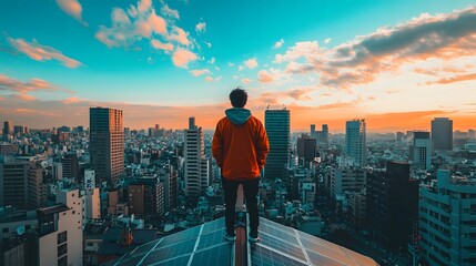 Rooftop solar panels in a densely populated area, reducing dependence on fossil fuels