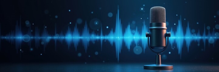 A sleek microphone stands in front of a vibrant sound wave, symbolizing the world of podcasting and audio production. Perfect for media, advertising, and creative projects.