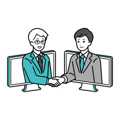 Illustration of a male businessperson shaking hands online.
