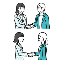 Set of illustration of female business person shaking hands.