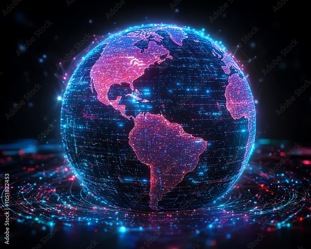 Poster 3d earth globe with interconnected digital data blocks, illuminated virtual connections, modern tech