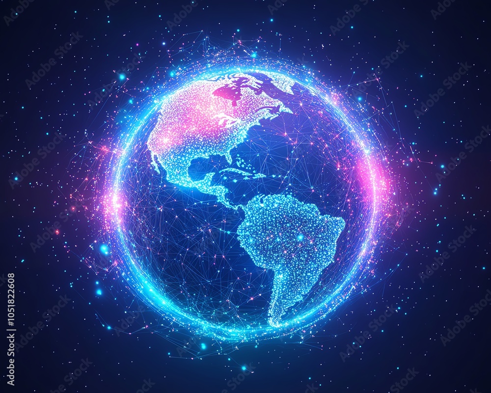 Poster 3d earth globe with interconnected digital data blocks, illuminated virtual connections, modern tech